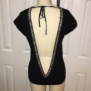 Moda International Black Deep V Back Top with Sequin Trim